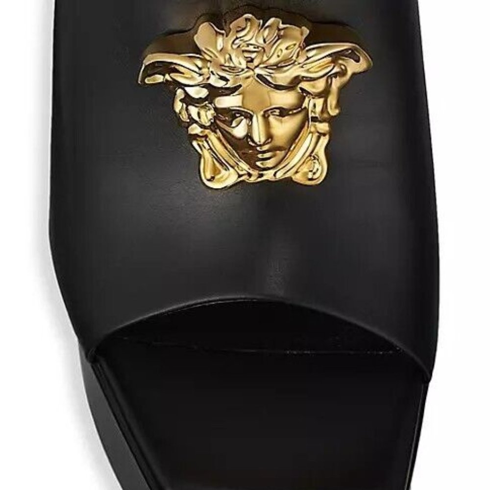 Versace La Medusa Gold 140MM Leather Platform Mules/Sandal Black Size 38/5 - Picture 4 of 16